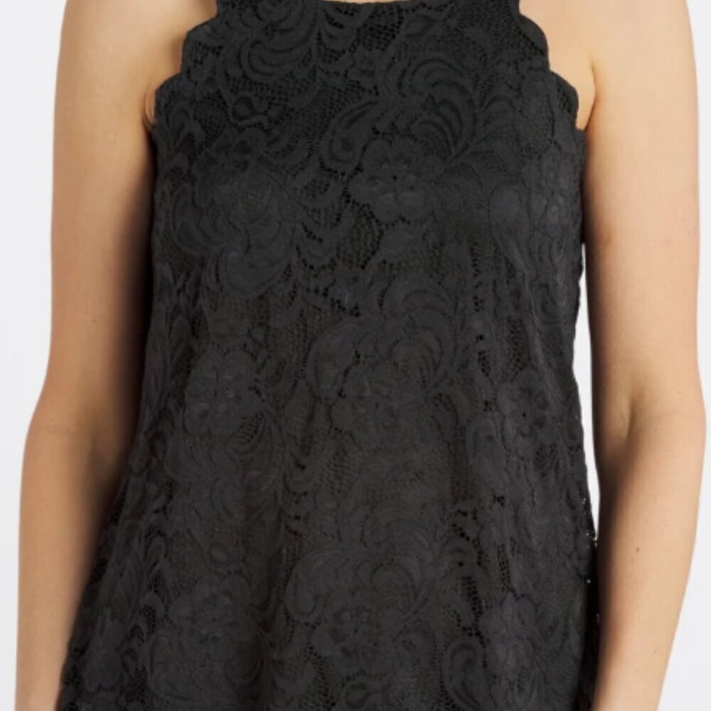 FORTUNE + IVY Chiya Lace Scalloped Halter Blouse  XL | Black